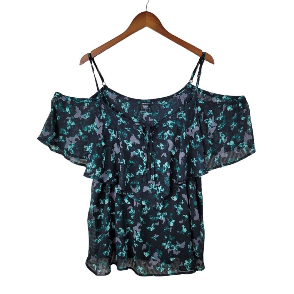 Torrid Plus size 2X 18/20 Top shirt light weight Floral Black Green Off Shoulder